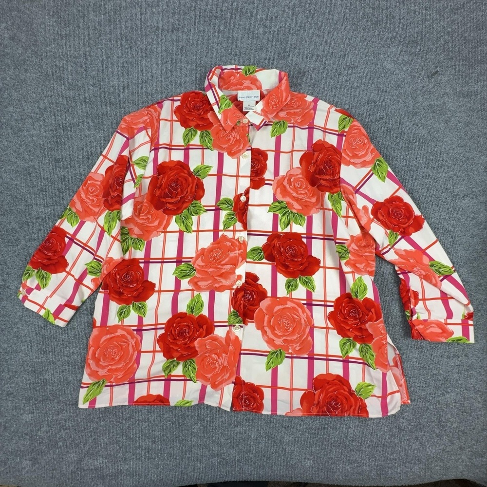 Susan Graver Style Shirt Womens 3X Multicolor Rose Floral Button Tunic Top